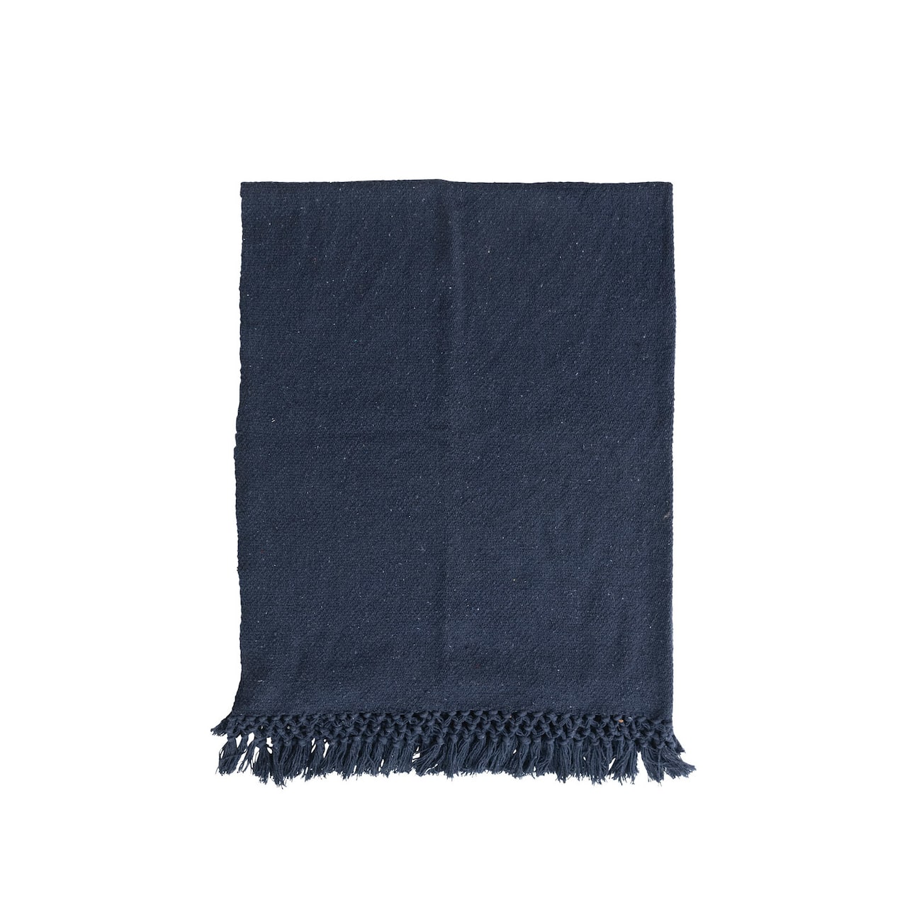 Navy Woven Recycled Cotton Blend Throw with Crochet Fringe